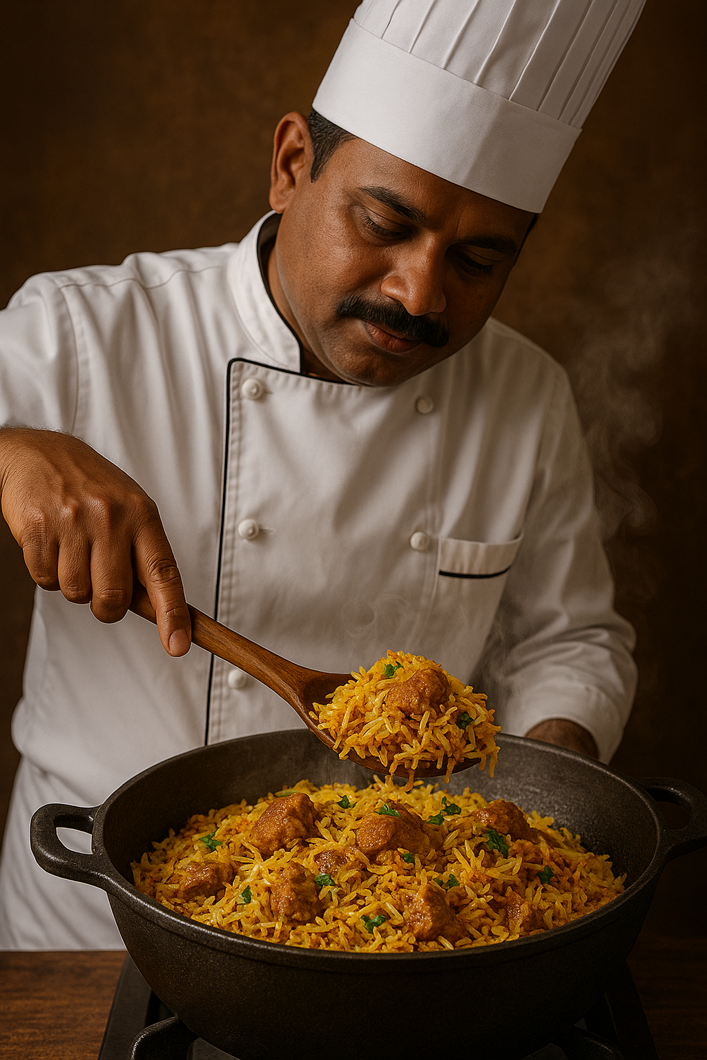 Skilled Chef preparing biryani